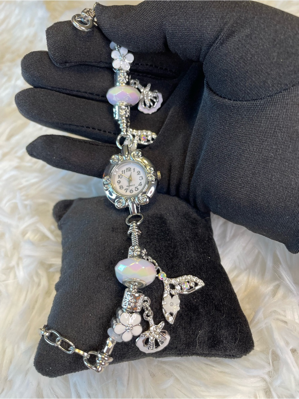 Silver-Tone Iridescent Mermaid Charm Bracelet Watch